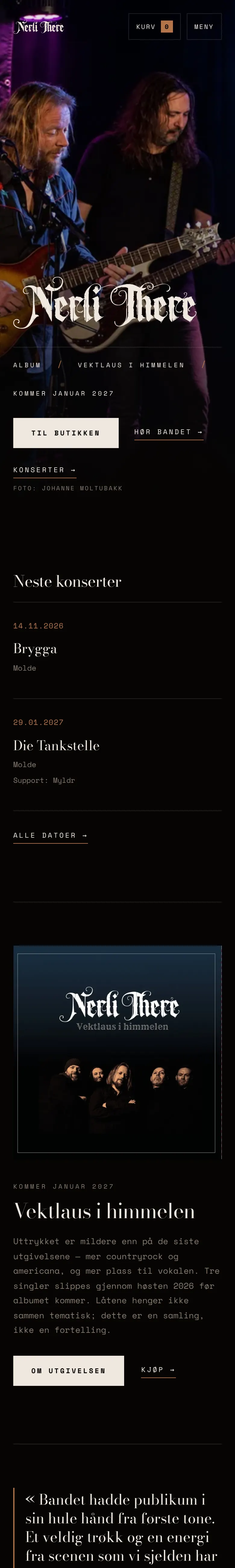 Forsiden på nerlithere.no med konsertbilde av bandet, neste konserter og det kommende albumet Vektlaus i himmelen (mobil)