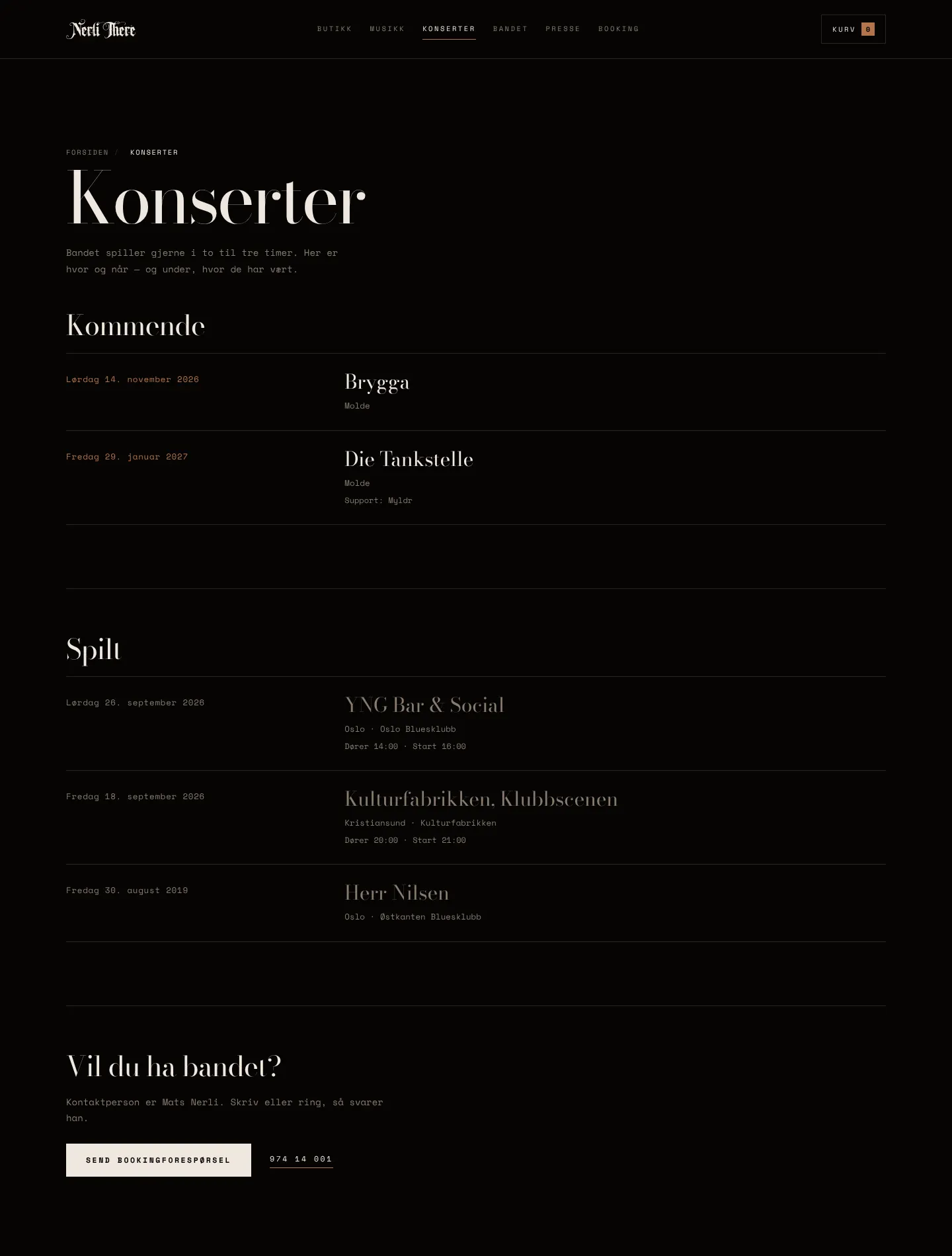 Konsertoversikten på nerlithere.no med kommende spillejobber