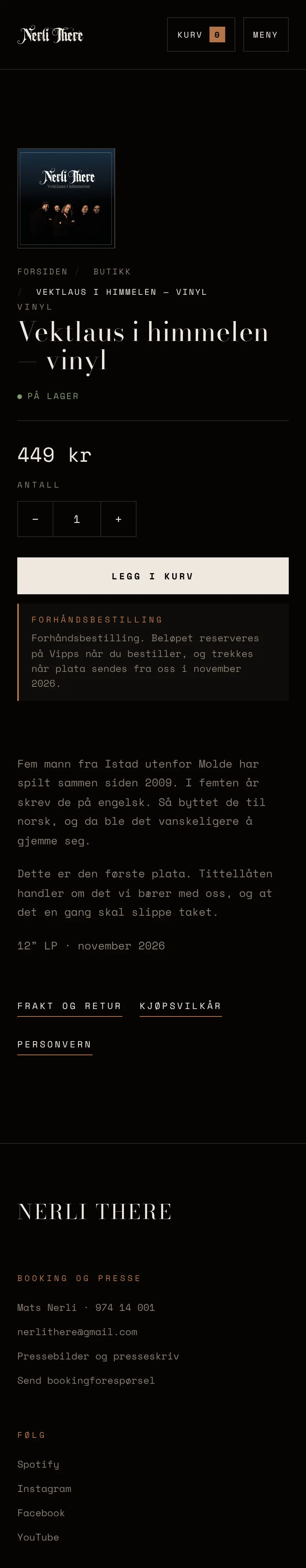 Produktside for forhåndsbestilling av vinylen Vektlaus i himmelen med Vipps-betaling (mobil)